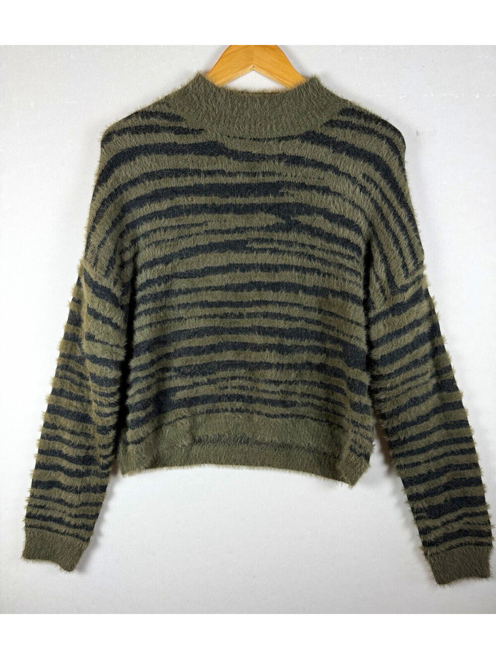 Jessica Simpson Women's Green Black Striped Knit Mock Neck Pullover Sweater M